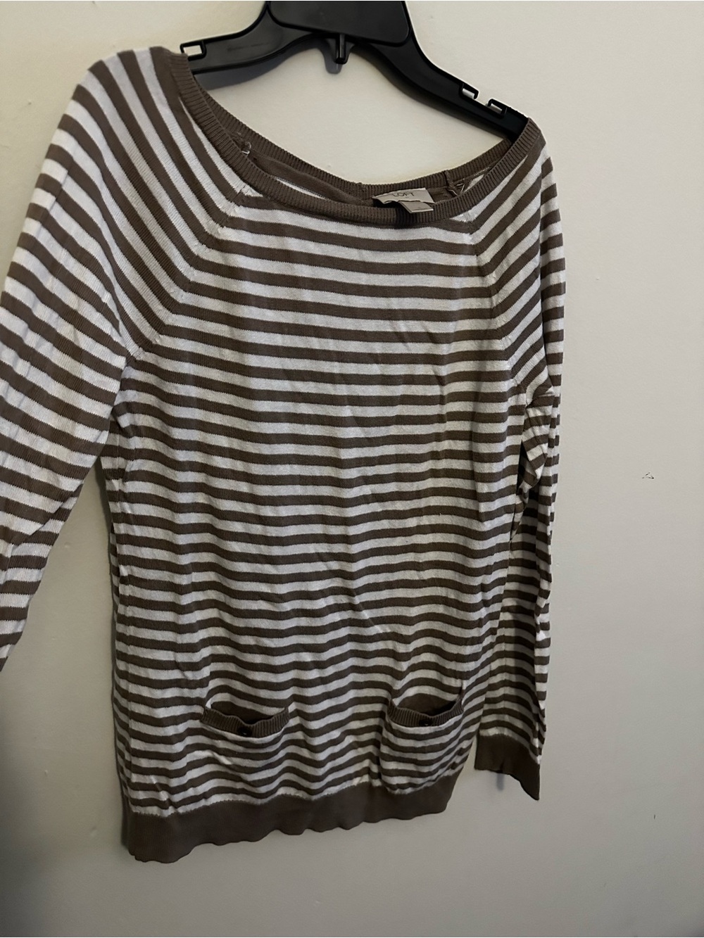LOFT Taupe & White Striped Crewneck Sweater